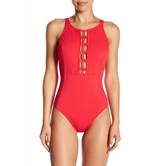 New! AMORESSA MIRACLESUIT Red Women's One-Piece Swimsuit Bathing Suit Red 14 - Picture 3 of 9